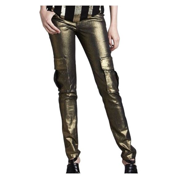 Alice + Olivia Gold Black Jeans 4 Metallic Skinny Cargo Pants y2k Stretch Low Ri - Picture 1 of 16